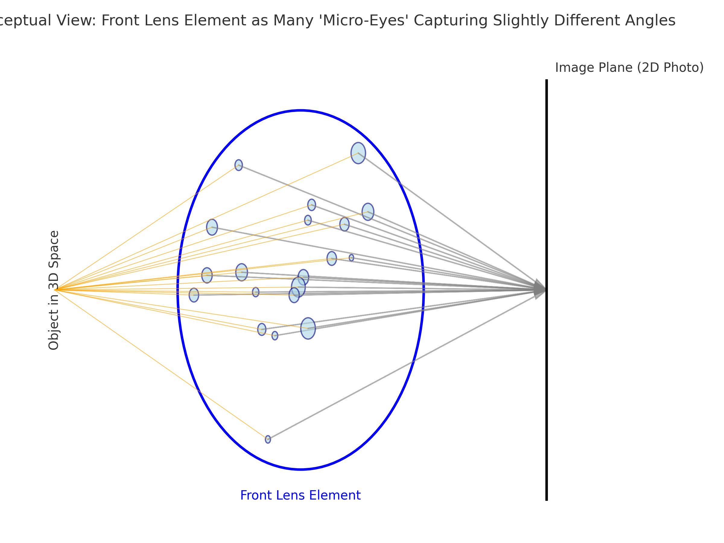 Front lens element as many 'micro-eyes' capturing slightly different angles that merge into a coherent 2D image