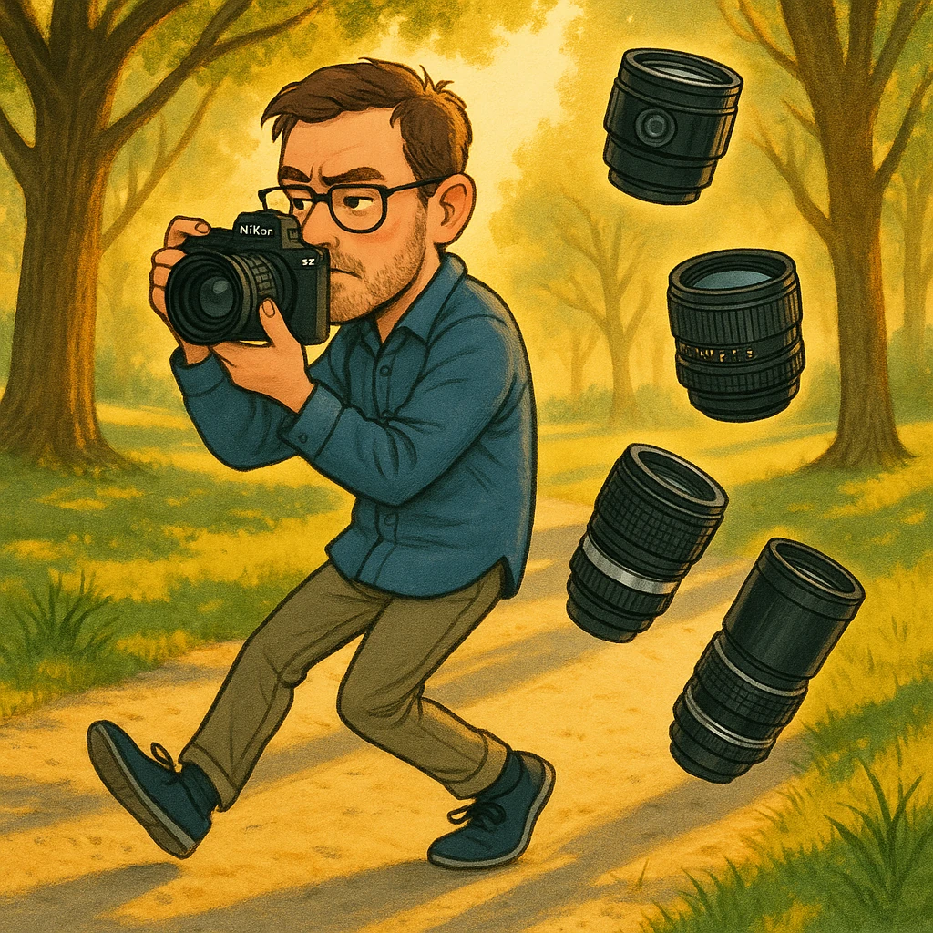 Kenneth Blake photographing with a Nikon Z while vintage lenses float around him — tools that preserve space, not just sharpness
