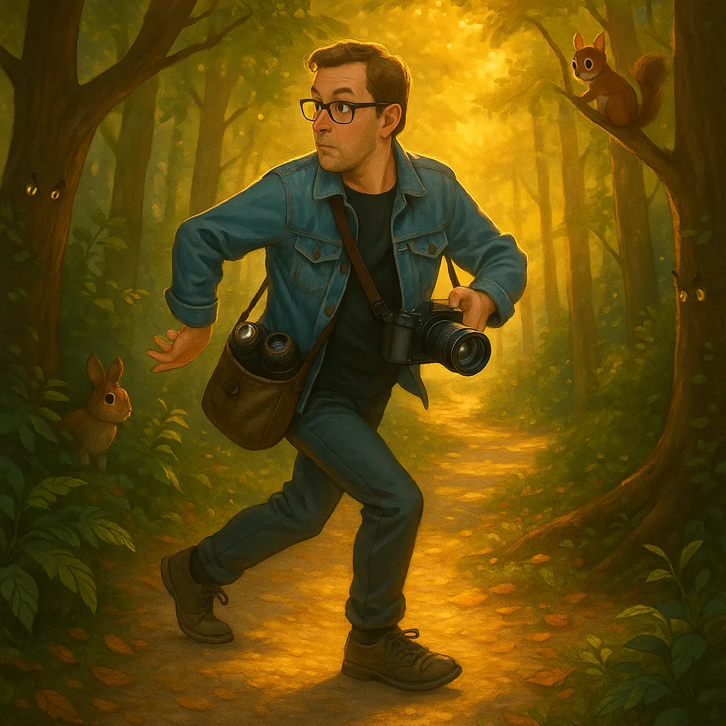 Kenneth Blake in a golden forest with camera; curious animals peeking from the trees — a playful portrait of the photographer-engineer